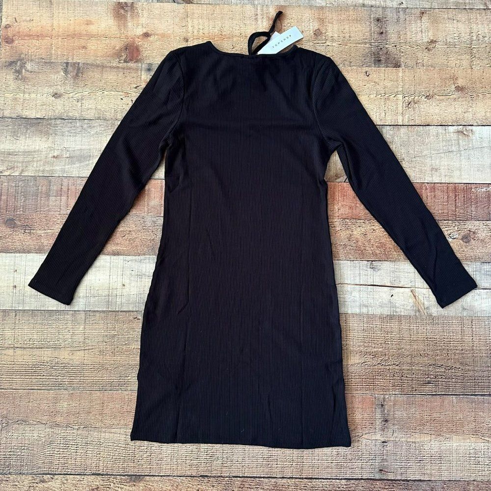 Topshop open neck ribbed knit long sleeve mini dress in black -10 - Picture 8 of 9